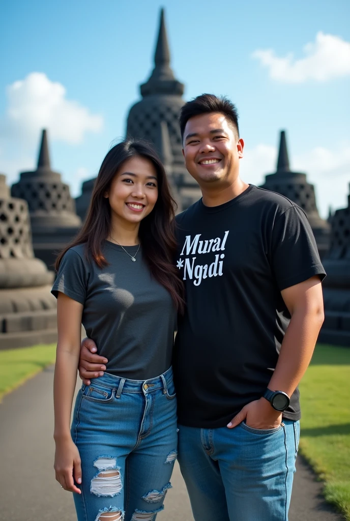 A portrait of a rather stout young man,indonesia wearing black t-shirt,on the shirt there is a word mural * Ngadi,and ripped jeans at the knees,and young Indonesian woman with long hair wearing a slim denim jacket walking wearing shoes,in front of borodur temple best quality,real,face in front of the camera,Blue sky
