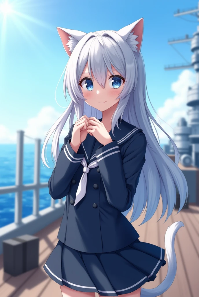 Highest quality, Face Focus, Soft Light, Ultra-high resolution, (Realistic:1.4), RAW Photos, 1 Japan, alone, cute, (A shy smile:0.5), (Blue eyes, Light in your eyes), Cat ear, Silver Hair, Beautiful face in every detail, (Small box),(High resolution detail of human skin texture), (Long Hair), break, On the battleship,Navy uniform, Best, skirt
