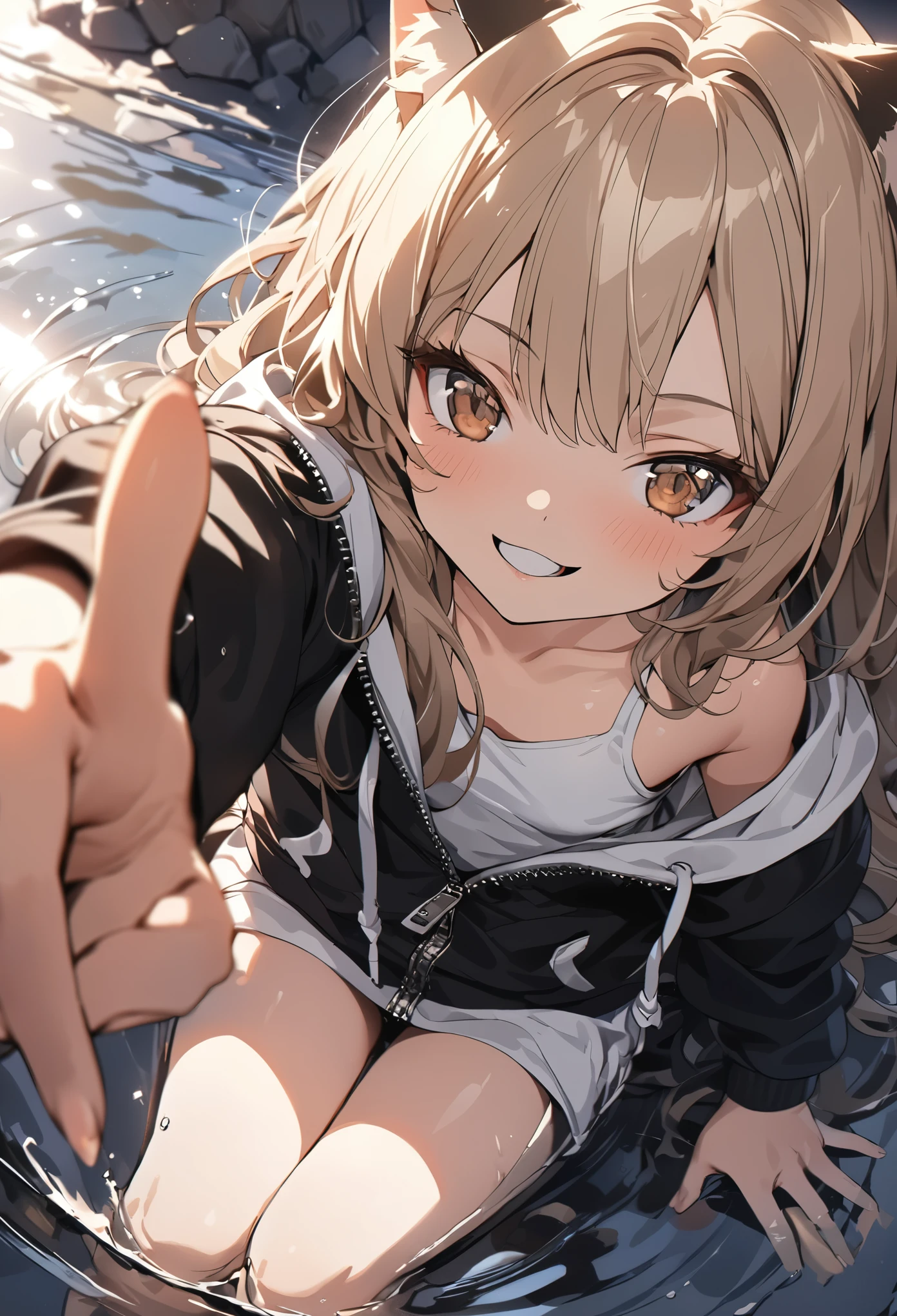 ((masterpiece)), ((Highest quality)), (anime:1.3), (Super Detail:1.2),(High resolution:1.3), (Professional photography:1.2), (Wide Shot), (Sharp focus), (Perfect light), (()), From above, (morning), Messy medium length hair, Beautiful clavicle, (Cute hoodie with zipper), White tank top, (Healthy slim body), (Loose bangs), Slender body, Glowing Skin, (Mischievous Smile), Open your mouth, ((Beautiful brown eyes)), Textured skin, (Cat ear), Light brown hair, cute beautiful, (A small, slightly exposed chest), break, ((Highest quality)), ((Hand pointing forward)), Sitting in shallow water reflected in the mirror, (Sharp focus), Perfect hands, (Perfect light),