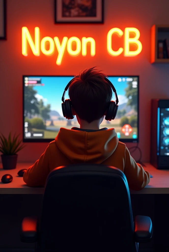 Create A 3D Realistic image of a Boy sitting in gaming room on gaming chair and playing on Free Fire application on his pc. The boy must wear dark orang hoodie headphones And his name "NOYON CB" is Written on the wall with orange colour neon light.