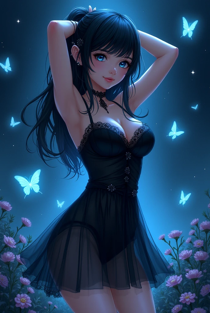 1 girl, goth, nature, sexy, big breasts, clit contour, luminescent, fair skin, black hair, standing, black dress, black see-through dress, arms up, hair adjustment, midriff, camel toe, smile, thigh gap, starry night, garden, outside, flowers, blue glowing butterflies, twilight style concept art, pony diffusion, concept art, realistic, expressive, gothgirl, black dress, see-through dress, black dress