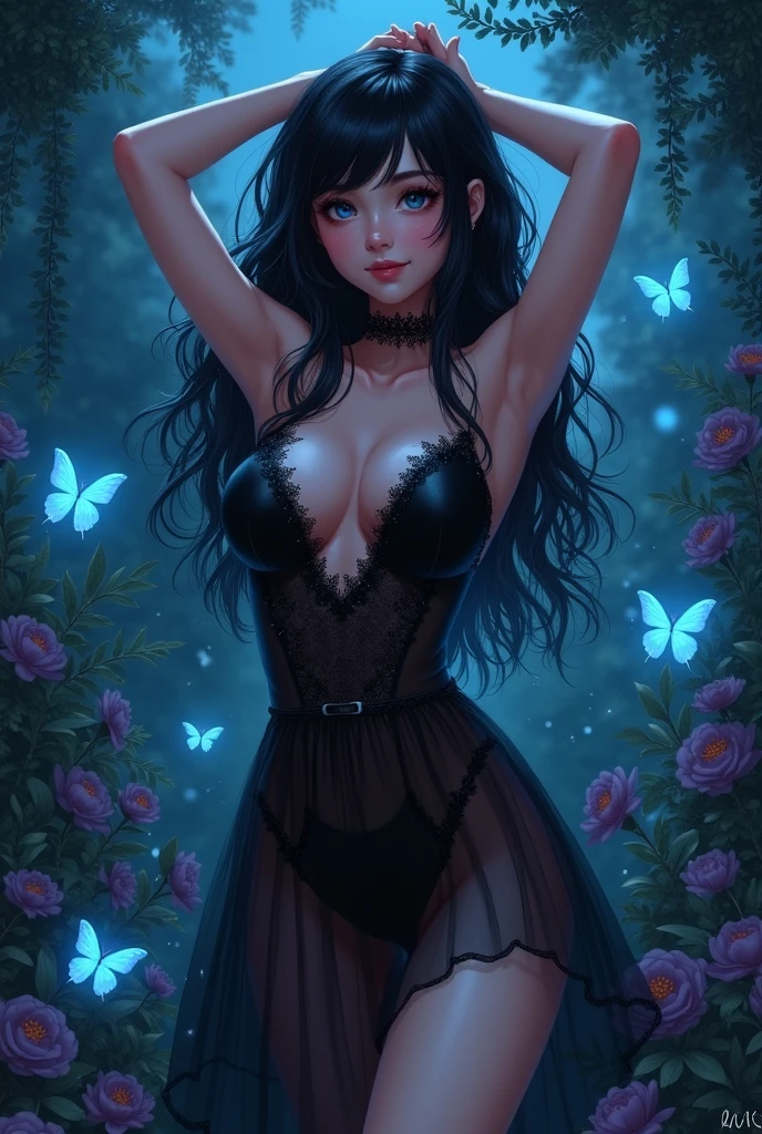 1 girl, goth, nature, sexy, big breasts, clit contour, luminescent, fair skin, black hair, standing, black dress, black see-through dress, arms up, hair adjustment, midriff, camel toe, smile, thigh gap, starry night, garden, outside, flowers, blue glowing butterflies, twilight style concept art, pony diffusion, concept art, realistic, expressive, gothgirl, black dress, see-through dress, black dress