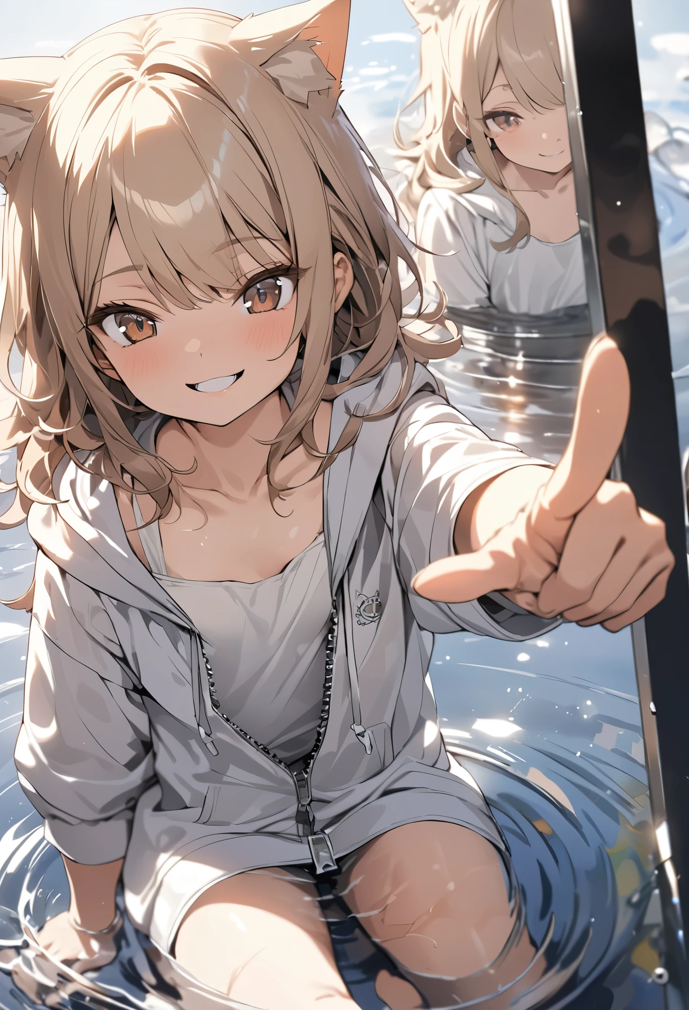 ((Masterpiece)), ((best quality)), (Anime:1.3), (super detail:1.2),(High Definition:1.3), (Professional Photography:1.2), (wide shot), (sharp focus), (perfect light), ((12 years old)), (morning), messy medium hair, Beautiful collarbone, (cute hoodie with zipper), cleavage, white tanktop, cute boxer shorts, (Healthy slim body), (loose blunt bangs), Slender body, glossy skin, (annoyed look), open mouth, ((Beautiful brown eyes)), Textured skin, (Cat ears), Pale brown hair, Cute Beautiful Girl, (slightly exposed small chest), BREAK, ((best quality)), Dynamic angles, ((Hand holding up playing card)), on the riverside, (sharp focus), perfect hands, (perfect light),