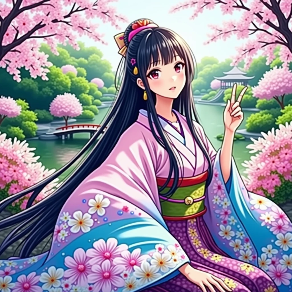 (masterpiece、Highest quality、8k、High resolution)、Traditional Japanese beauty in kimono、The best girl in anime、Floral pattern on white background、Vibrant colors、Japanese garden、There is a pond、Colorful flowers、Vibrant colors、Cherry Blossom、There is a drum bridge、A complete portrayal、Detailed anime art、