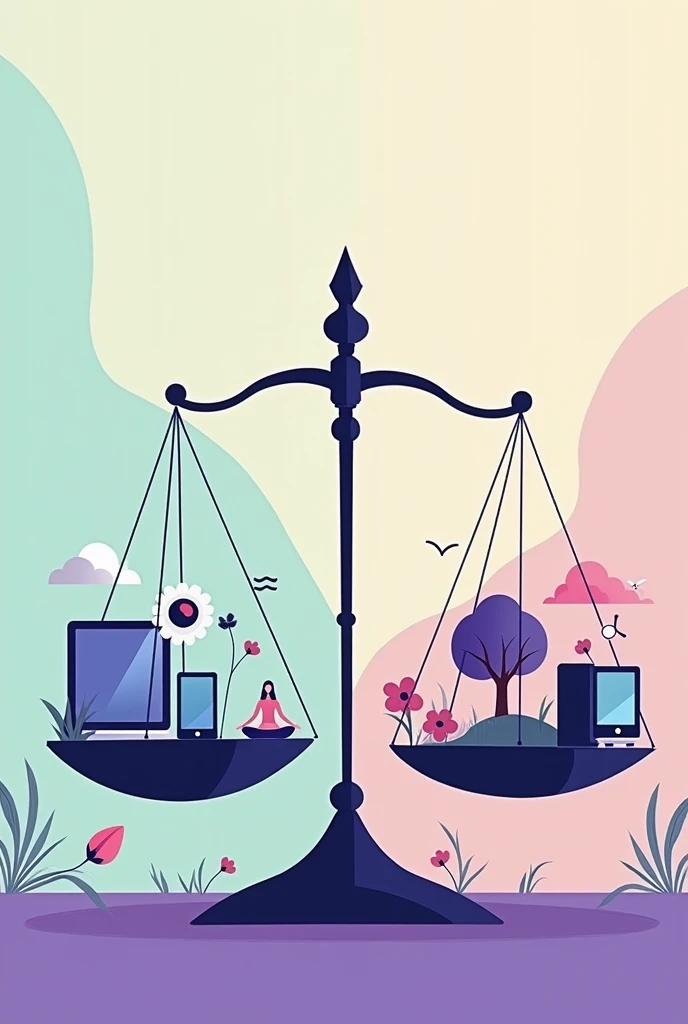 Illustrate a scale balancing technology and mindfulness. On one side, include items like smartphones, tablets, and computers. On the other side, depict mindfulness symbols such as a person meditating, nature elements (e.g., a tree, flowers), or a serene landscape. Ensure the scale is balanced to symbolize equilibrium.
 Color Palette: Use harmonious pastel colors like soft purples, greens, and blues to create a peaceful and balanced visual.