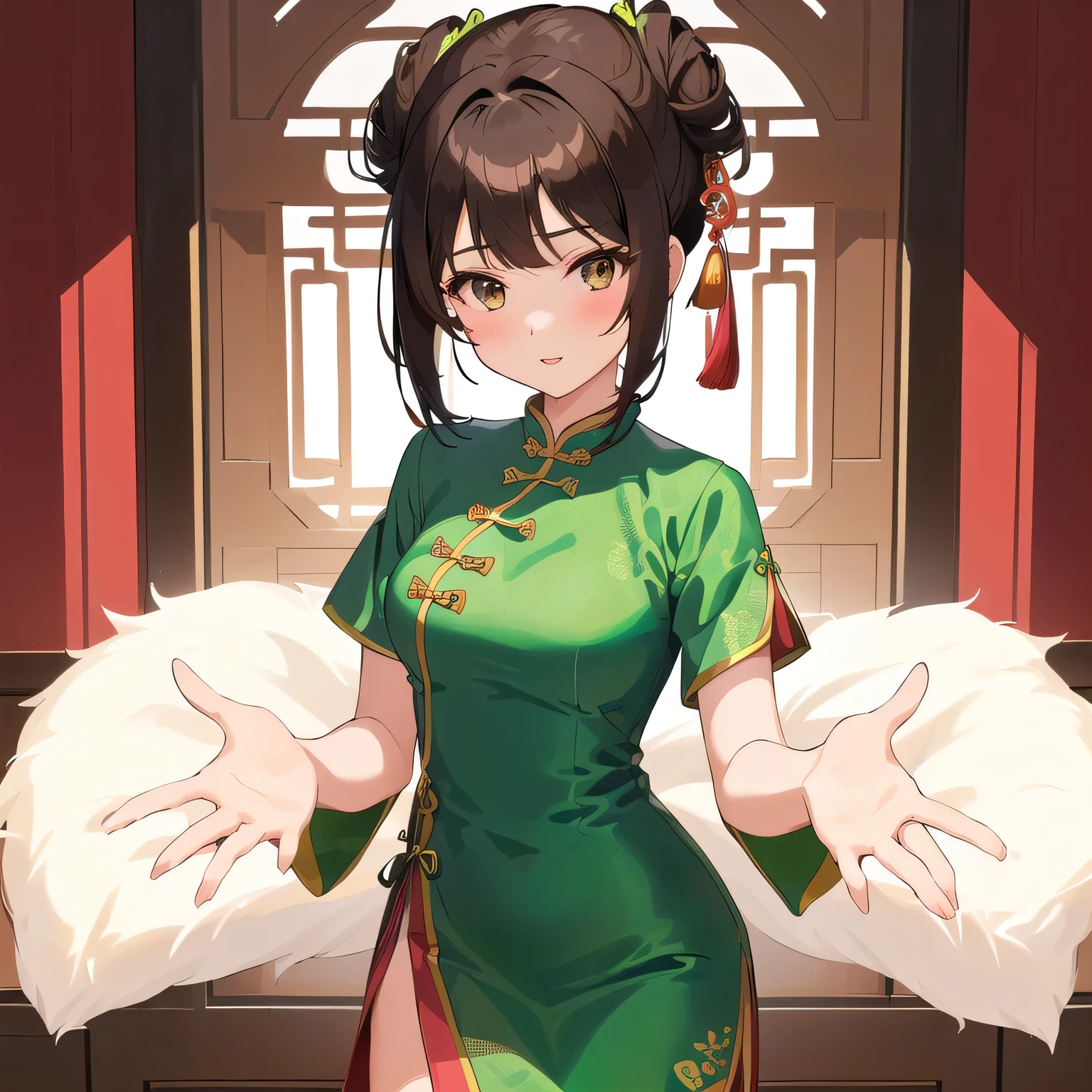 A girl wearing a green Chinese dress standing in a room, shuushuu anime image, as an Animeキャラクター, Short brown hair girl, brown-eyed, Two Chignon Knots, Animeキャラクター, The King&#39;s Hymn as a Princess, Short, Anime, Big Breasts, Medium Breast, Classic Girl, Chignon cap, female Animeキャラクター, Bare shoulders, Smile again,