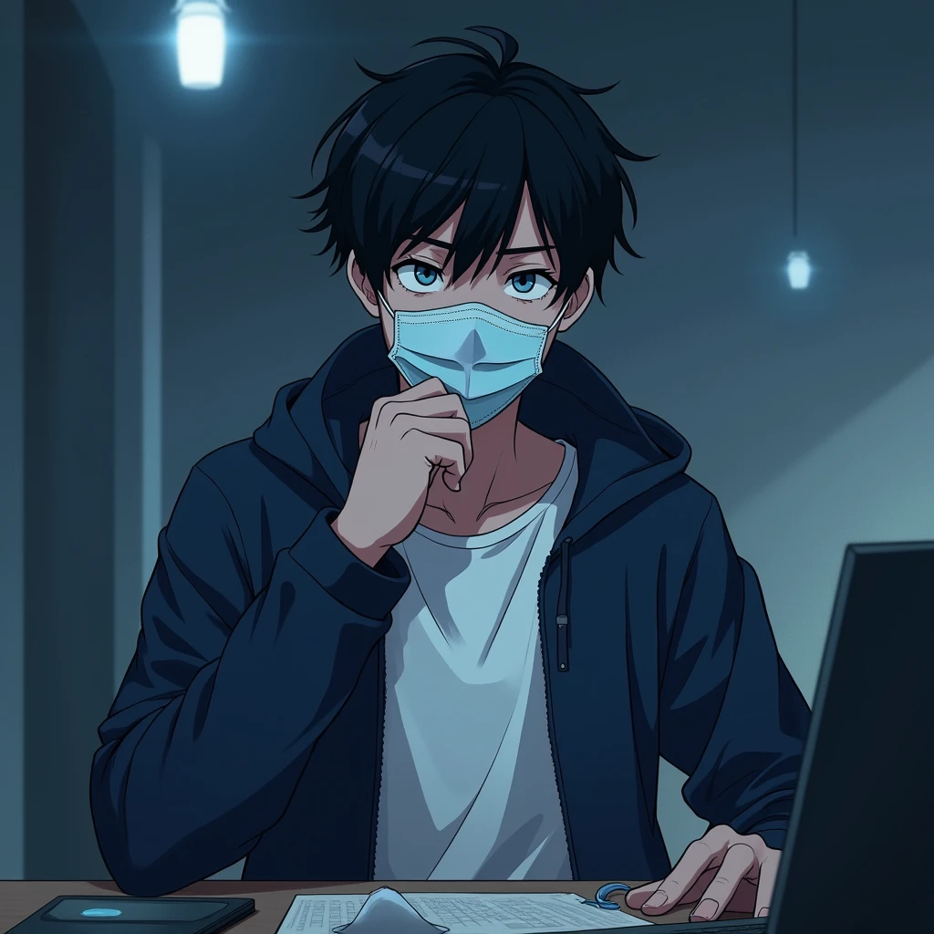 One person,Handsome,Black Hair, blue eyes, White T-shirt,Navy blue jacket,smartphone,computer,mask,Anime Style,An illustration,Drooping eyes,Illness,night,Streamer asymmetrical hairstyle, seems kind,Confused eyes,maskで鼻を隠す,Droopy eyes