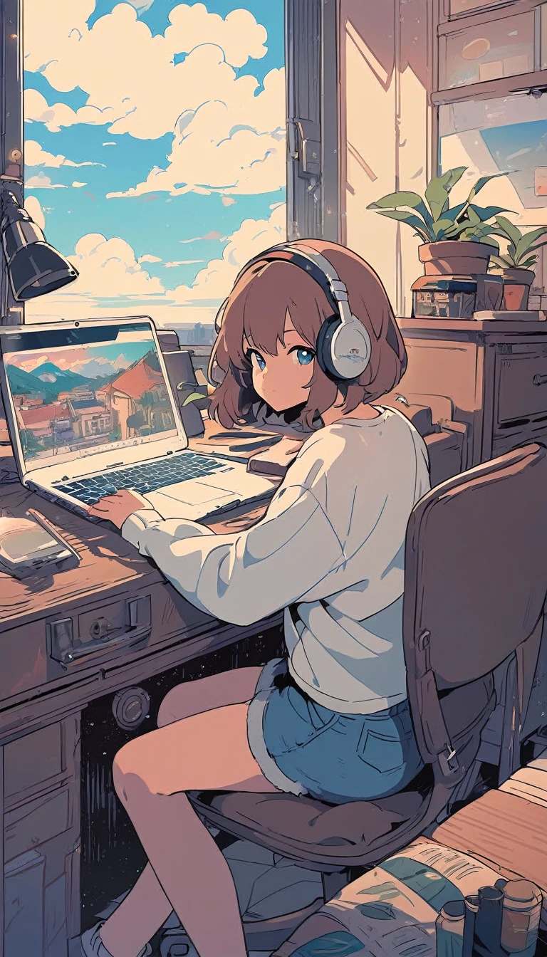 alone, lofi artstyle, lofi art, city, town, 80s anime style, Retro, Lo-Fi, masterpiece, best quality, (extremely detailed CG unity 8k wallpaper), (best quality), (best illustration), (best shadow), absurdres, realistic lighting, (Abyss), beautiful detailed reglow, 1girl, blinds, blue eyes, book, bookshelf, brown hair, chair, cloud, computer, cup, day, denim, desk, headphones, indoors, laptop, long sleeves, mug, phone, plant, potted plant, shirt, short hair, shorts, sitting, sky, solo, white shirt, window