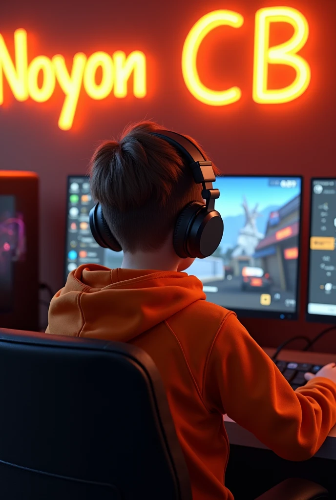 Create A 3D Realistic image of a Boy sitting in gaming room on gaming chair and playing on Free Fire application on his pc. The boy must wear dark orang hoodie headphones And his name "NOYON CB" is Written on the wall with orange colour neon light.
