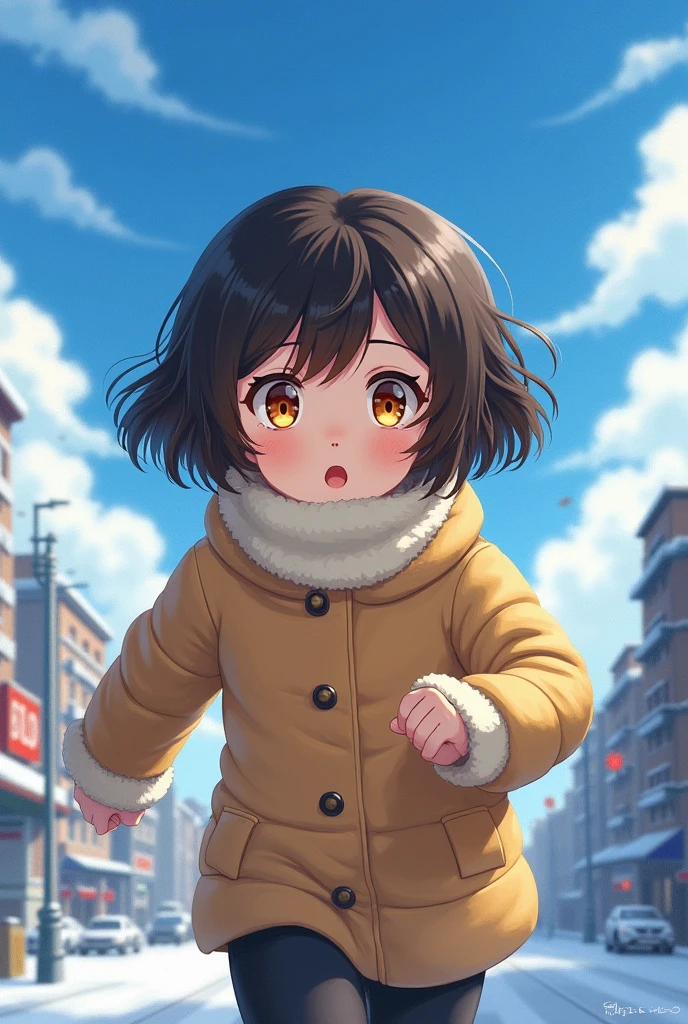 Dark brown hair，Short and delicate hair，By Bangs，Yellow eyes，cute，Girl，Winter Clothing，Background City，Blue sky and white clouds，run，The proportion of people in the painting is relatively small