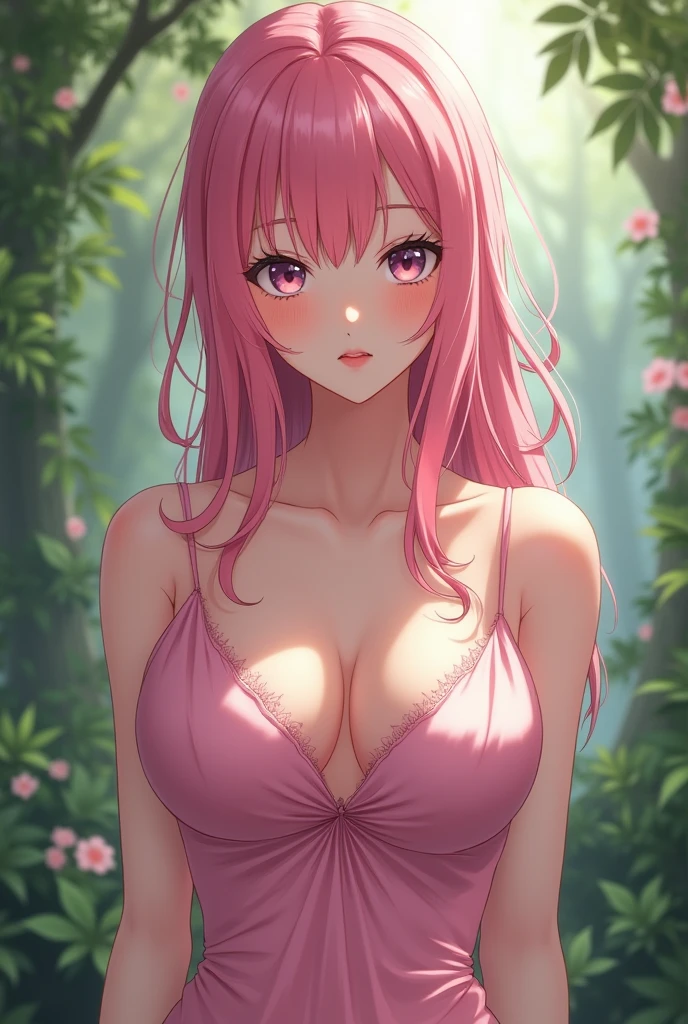 hot anike girl like sakura from naruto with big boobs and in pink dress