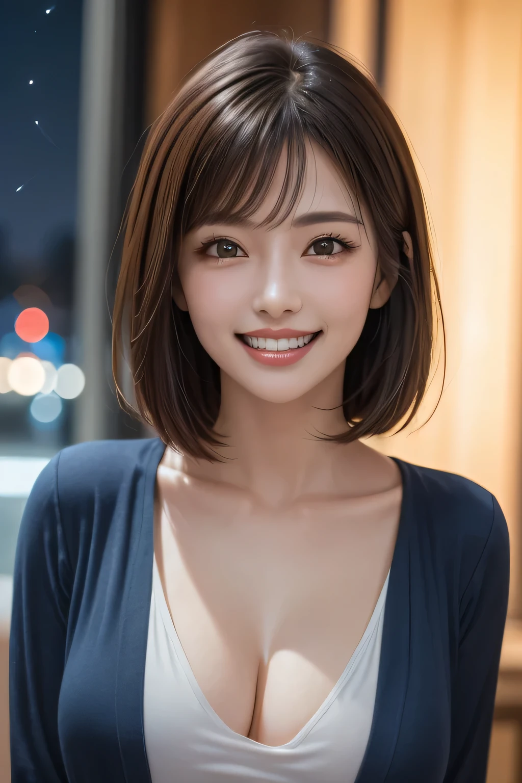 (highest quality, 8k, 32K, masterpiece), (Realistic), (Realistic:1.2), (High resolution), (night:1.7), Japan, cyber punk, 街の景Farbe, In front of the window,Wooden floor, Blue jacket, Grey Shirt, clavicle, jewelry, gem, Brunette Bob, 1 female, 45 years old, (Grin), Beautiful body, beautifulNose, beautifulcharacter design, Perfect Eyes, perfectface, Expressive eyes, View your audience, Center the image, (Cowboy Shot), Official Art, Very detailed CG Unity 8k wallpaper, Perfect lighting,Farbeful, bright_front_face_Lighting,Glowing Skin, (masterpiece:1.0),(Highest_quality:1.0), 超High resolution,4K,Very detailed, photograph, 8k, High resolution, High resolution, absurdes:1.2, Kodak Port 400, Film Grain, Blurred Background, bokeh:1.2, Lens flare, (Vibrant_Farbe:1.2) (beautiful,chest), (beautiful_face:1.5),(narrow_Waist)