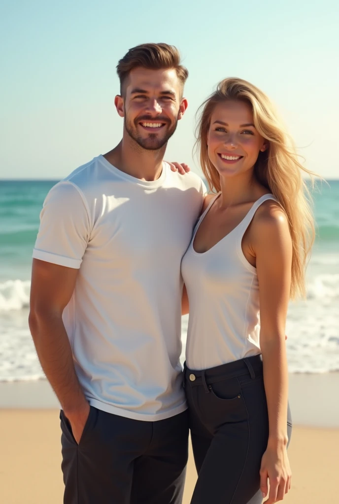 Muscular man wearing a shirt with long shorts Long loose shorts With pockets on the sides with converse sneakers Orange T-shirt and brown shorts Long short, long short, long With a Japanese girl in a bikini