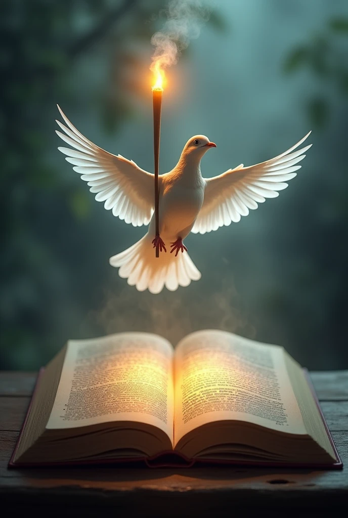 Open book with dove holding a torch above na book