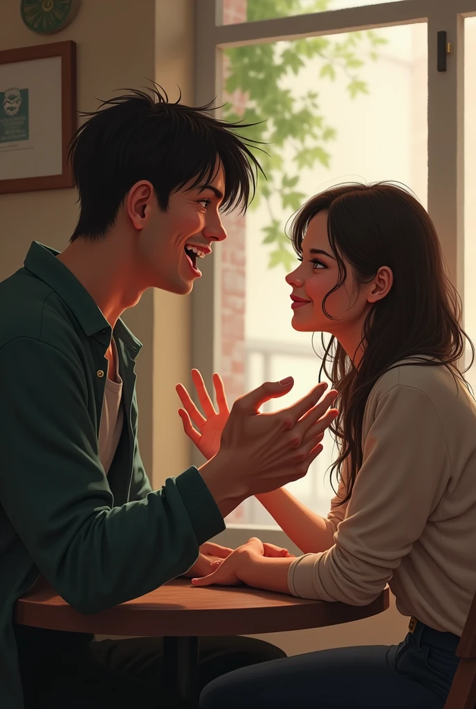 Give me a image where two person is having a conversation while one is talking and doing hand gestures while ither is patiently and actively listening and his head is little bit tilted it shows that he is fully into the conversation and is paying attention