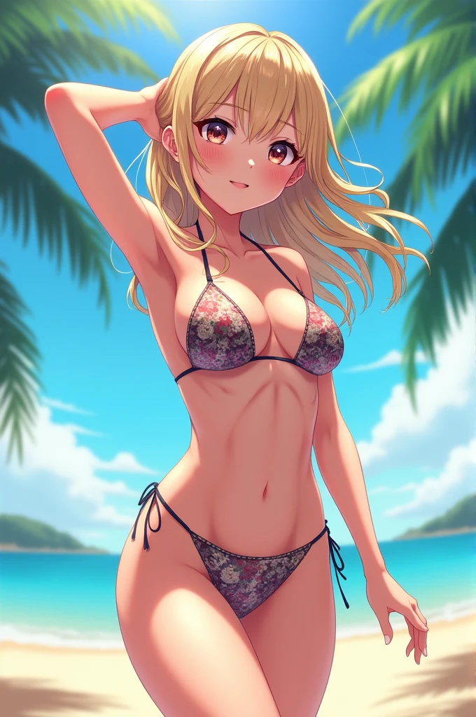 masterpiece, rich colors, Best quality, detailed, high resolution, Hyper quality, high detail, , high quality, detailing, skinny sexy girl on the beach , bright lighting , Brown eyes, Anime, palm trees, bright lighting, blonde,