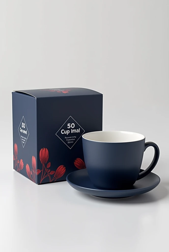 cria pra mim umthe box de conjunto de xícaras para café, with 4 units of 80 ML cups each, the box precisa ser azul escuro com vermelho e branco , the line will be "diamond", Get inspired by the brands' cup boxes and products "house power", "lyor", "tramontina" "lehavi". Quero que seja umthe box mais clean, For everyday life, for housewives. In this case, the cups don't matter much to me., and yes, the box. I need inspiration for my brand. The box must be white., dark blue and red, gostaria de uns desenhos de grão de café nthe box também, there are 4 cups
