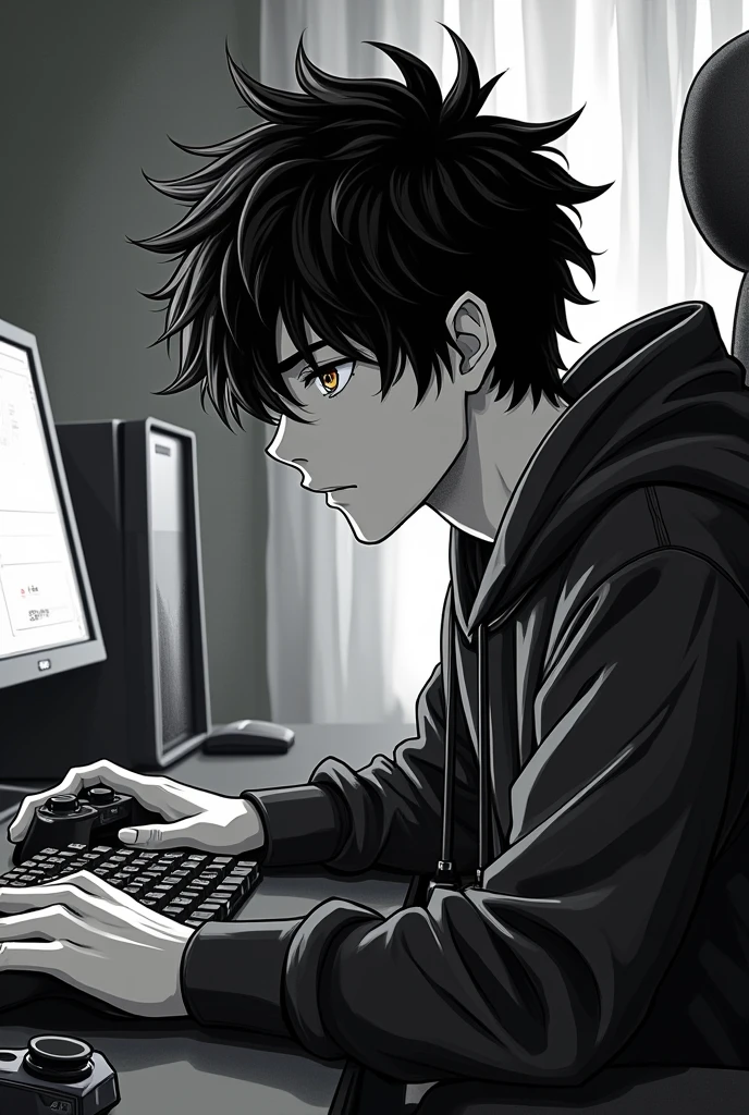 handsome nineteen year old boy with very thick black hair in manga style (black and white style) he plays on the computer games in his room