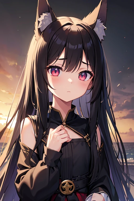 ((Highest quality)), ((masterpiece)), (detailed), 1girl, cute Five fingers Small wolf ears Black braid Show your forehead Petite Normal chest No human ears Big eyes Her eyes are black first round whole body Black tabard The background is a fantasy town