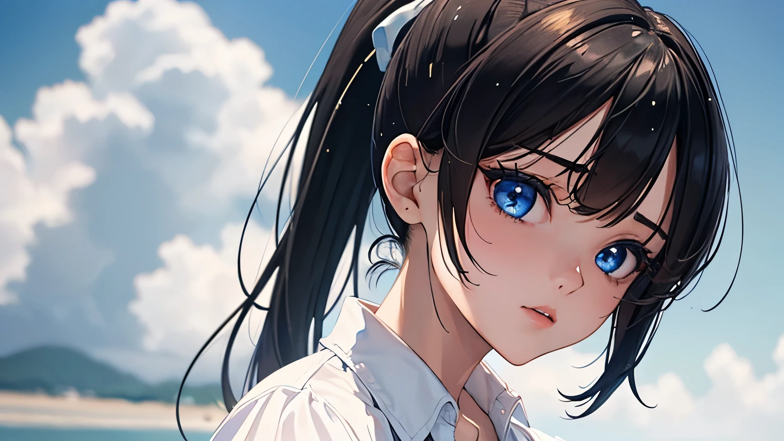 (Excellent: 1.2), (Highest Quality: 1.2), (Very Detailed: 1.2), (A girl looking at the sky, blue eyes, brunette, medium hair, bangs, short ponytail, long sleeves, black miniskirt), (((Very detailed eyes and face))), ), (Upper body, right side of screen), (Summer sky, daytime), (Big breasts, cleavage, 18 years old)