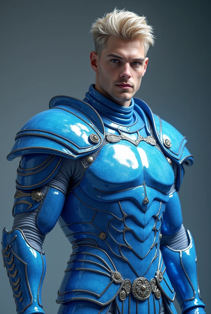 full body 3d HDR photorealistic ultra realism high definition aesthetic stabilized diffusion picture of handsome hunky Warrior Uranus , blonde hair ,in indigo quartz transparent sparkling shiny crystal glass chrome outfit armor,,look at camera, detailed facial parts,, studio as background, Freestyle Pose, Happy Expression, perfect anatomy, symmetric body,, 18 years old, :: high detail, a lean athletic body, realistic, human skin, extremely detailed fingers, chad chin,, masculine, human skin, (eyes contact), gorgeous, Attractiveness