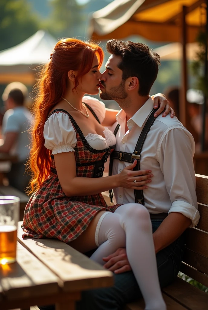 POV of a standing tall man, ultra realistic, photography, long straight red hair, (24 years old, hourglass figure, perfect body, natural medium breasts), seductive look, wearing a tight Dirndl dress with a nice cleavage, she is wearing white thigh high stockings, wearing a tight Dirndl dress with a nice cleavage, she is wearing white thigh high stockings, on a sunny day, posing sexy, she is kneeling in front of a tall man, point of viev of a man standing before her, she is looking up into the camera, she is touching his pants with her hands, she is very close to his pants, she is unbuckling his belt