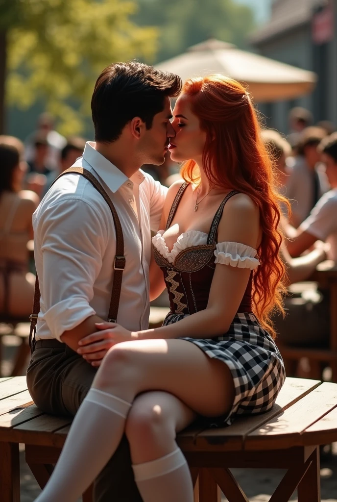 ultra realistic, photography, long red hair, 24 years old, hourglass figure, perfect body, natural huge breasts, seductive look, wearing a tight Dirndl dress with a nice cleavage, she is wearing white thigh high stockings, she is outside in a courtyard, on a sunny day, posing sexy, she is sitting at a beertable at Octoberfest, she is sitting on an attractive darkhaired men's lap, she is facing him and kissing him with wildly with deep passion