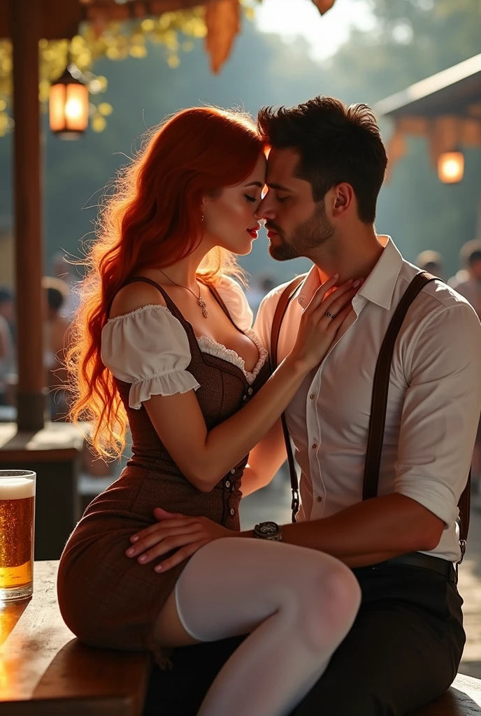 ultra realistic, photography, long red hair, 24 years old, hourglass figure, perfect body, natural huge breasts, seductive look, wearing a tight Dirndl dress with a nice cleavage, she is wearing white thigh high stockings, she is outside in a courtyard, on a sunny day, posing sexy, she is sitting at a beertable at Octoberfest, she is sitting on an attractive darkhaired men's lap, she is facing him and kissing him with wildly with deep passion