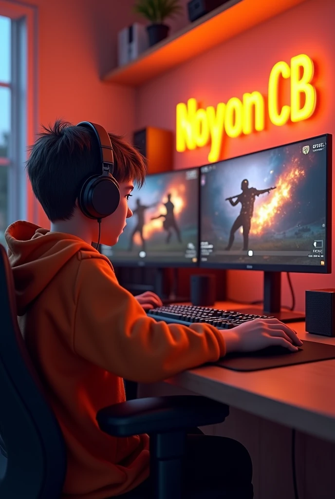 Create A 3D Realistic image of a Boy sitting in gaming room on gaming chair and playing on Free Fire application on his pc. The boy must wear dark orang hoodie headphones And his name "NOYON CB" is Written on the wall with orange colour neon light.