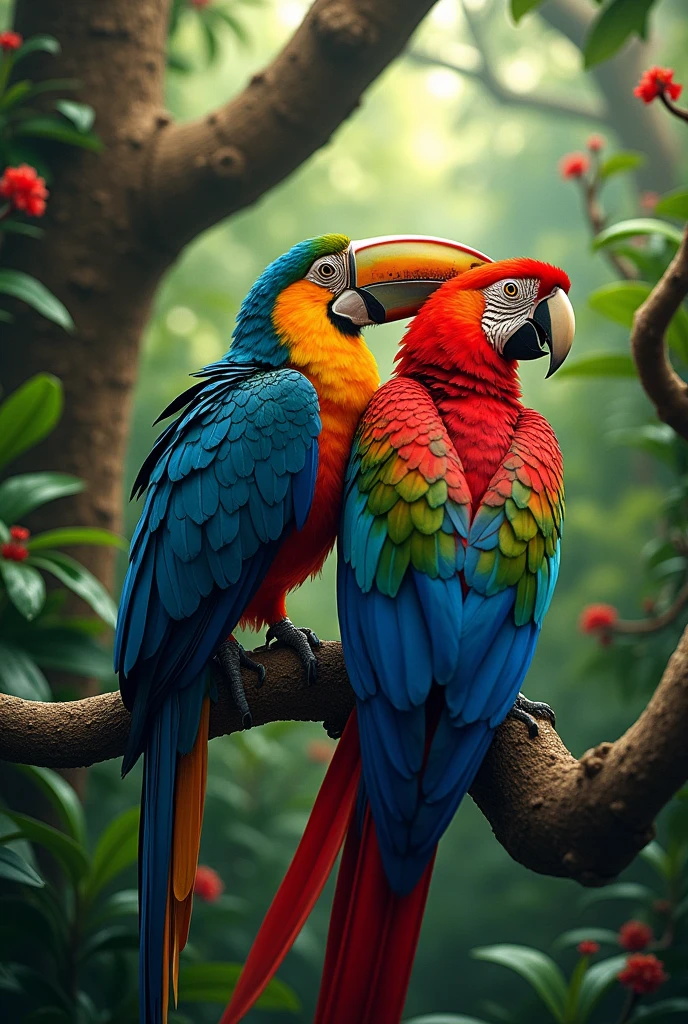 A toucan and a vibrant macaw perched in a lush tropical tree.