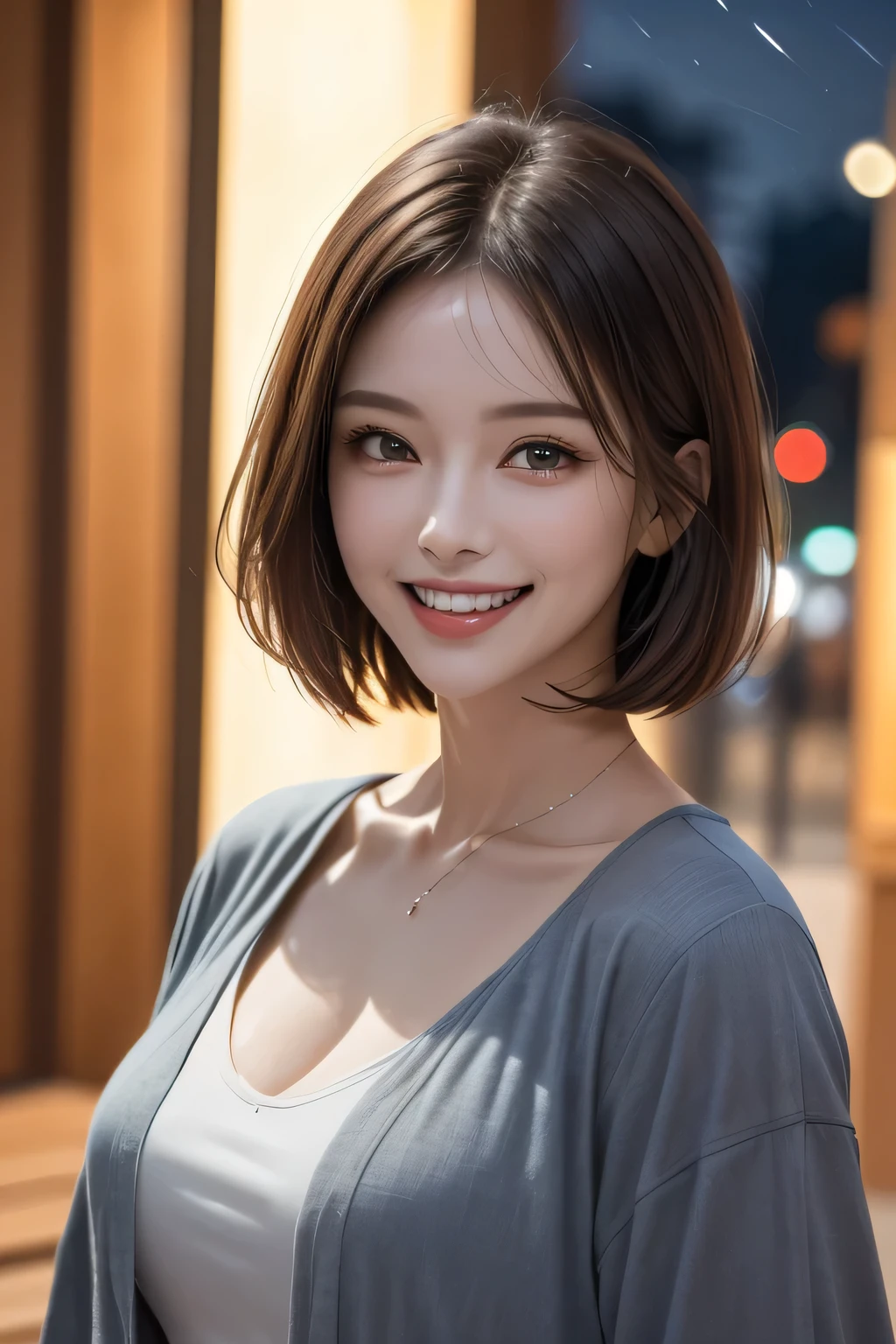 (highest quality, 8k, 32K, masterpiece), (Realistic), (Realistic:1.2), (High resolution), (night:1.7), Japan, cyber punk, 街の景Farbe, In front of the window,Wooden floor, Blue jacket, Grey Shirt, clavicle, jewelry, gem, Brunette Bob, 1 female, 45 years old, (Grin), Beautiful body, beautifulNose, beautifulcharacter design, Perfect Eyes, perfectface, Expressive eyes, View your audience, Center the image, (Cowboy Shot), Official Art, Very detailed CG Unity 8k wallpaper, Perfect lighting,Farbeful, bright_front_face_Lighting,Glowing Skin, (masterpiece:1.0),(Highest_quality:1.0), 超High resolution,4K,Very detailed, photograph, 8k, High resolution, High resolution, absurdes:1.2, Kodak Port 400, Film Grain, Blurred Background, bokeh:1.2, Lens flare, (Vibrant_Farbe:1.2) (beautiful,chest), (beautiful_face:1.5),(narrow_Waist)