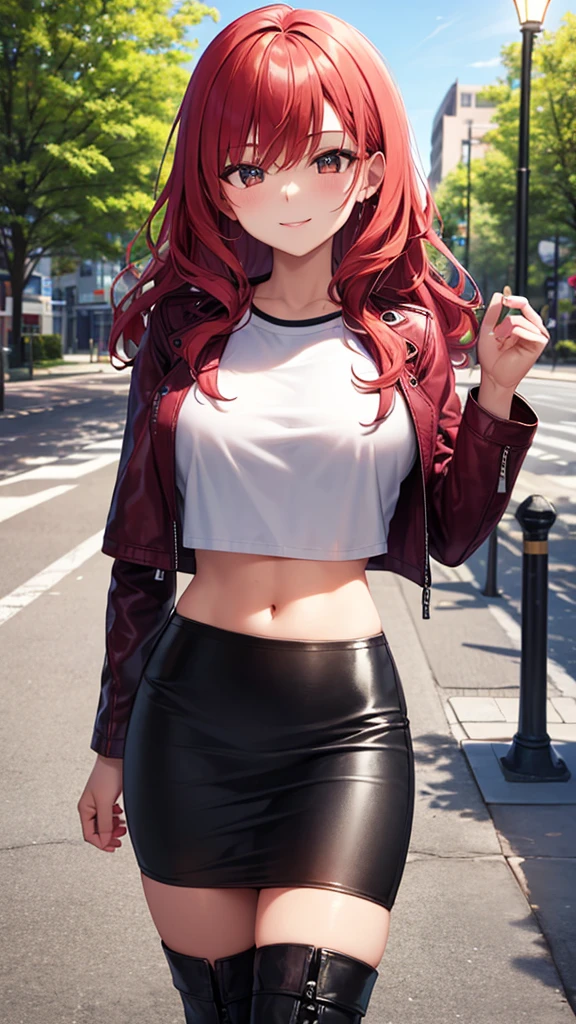 masterpiece, best quality, highres, high detail, beautiful woman, wavy hair, red hair, ((white cropped t-shirt and leather jacket)), (black midi pencil skirt), midriff, boots, looking at viewer, light smile, spring garden, city street, sidewalk, street lamp, park, trees, 
