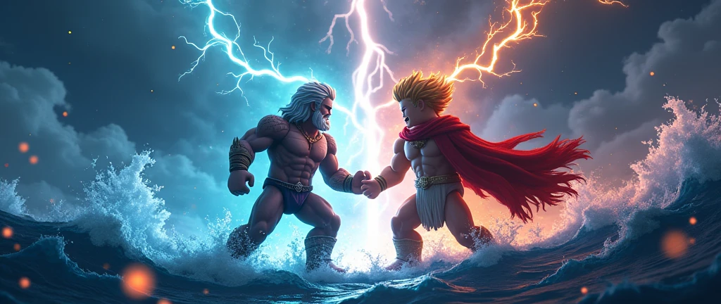 Zeus shooting lightning in the dark as a roblox character at Poseidon who is also a roblox character  (add text of the art saying Gods Of RNG and make it match the background)
