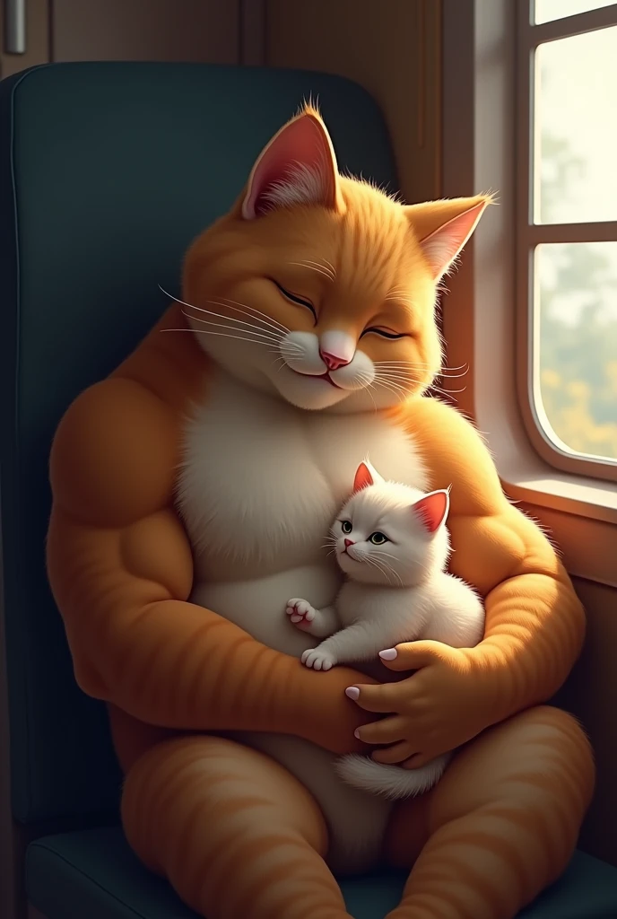 ### Scene 6: Father and Daughter
* **Prompt:** "A tender moment between a muscular, protective cat and his kitten in a now calm and serene train compartment. The muscular cat sits comfortably, cradling the kitten in his arms. The kitten nuzzles her father's chest, purring contentedly, while the cat smiles softly, his eyes filled with love and relief. The train continues its journey through the night, with the soft light from outside filtering in, creating a cozy and secure atmosphere."