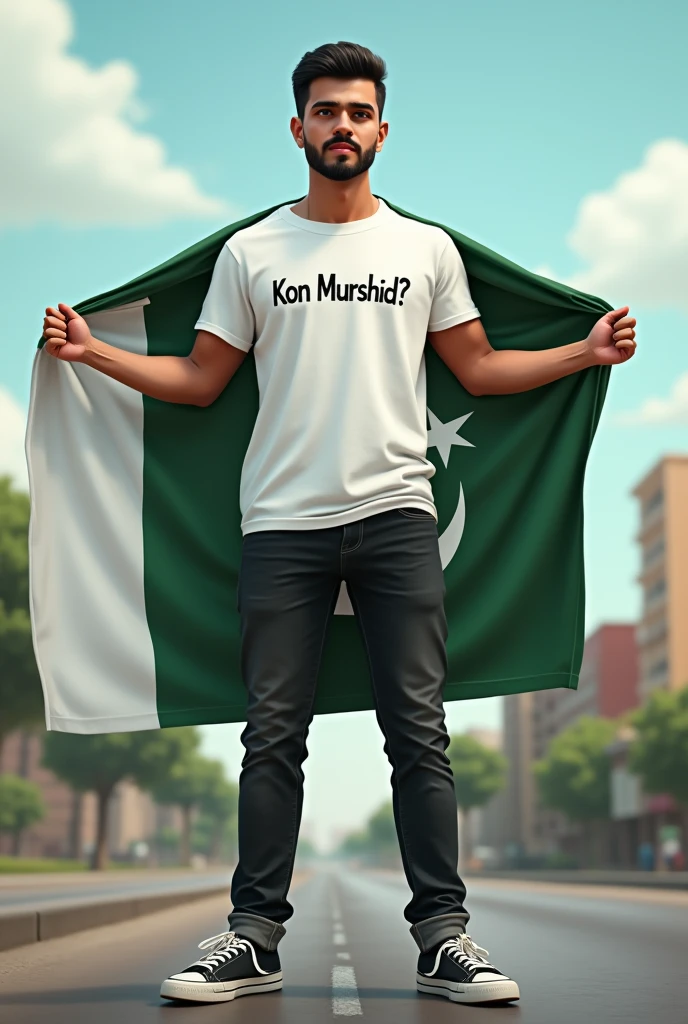 Generate a realistic 27 year old boy, wearing white casual shirt and black jeans and sneakers and the name "Kon Murshid ?" and written on his shirt and boy is Standing on the road with holding a national flag of Pakistan, and And written on sky create realistic image.