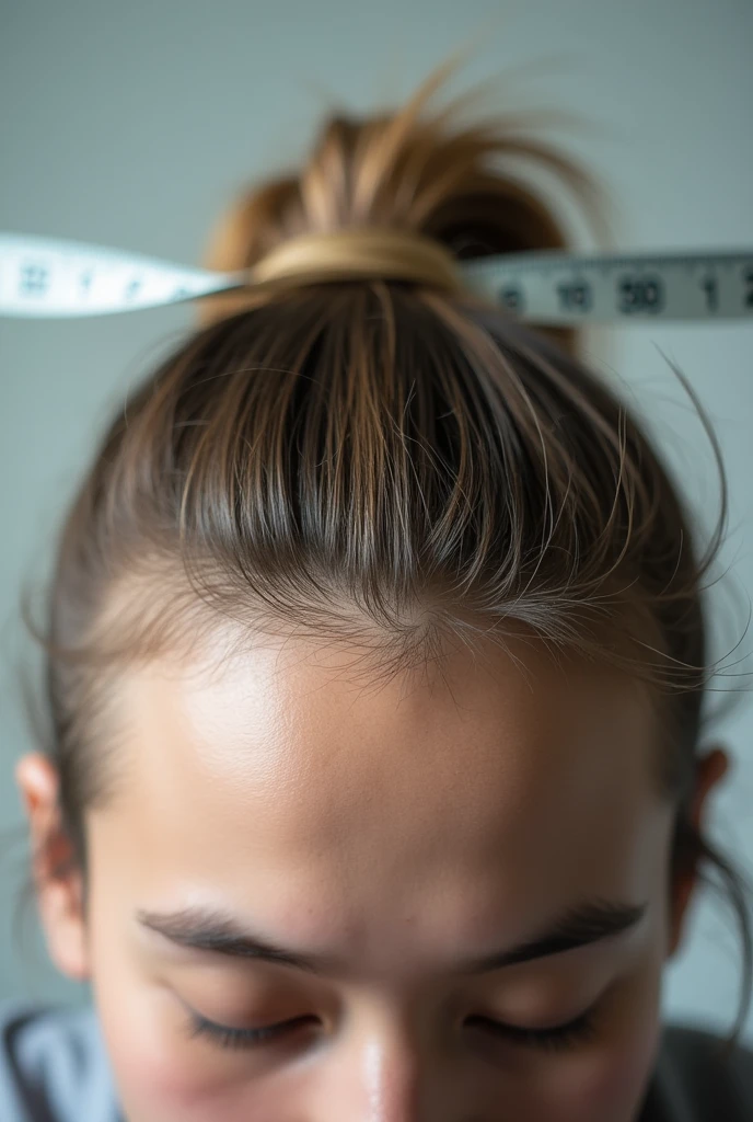 The top of the hair of a human infront of the mark of 159 centimeter of a tape measure