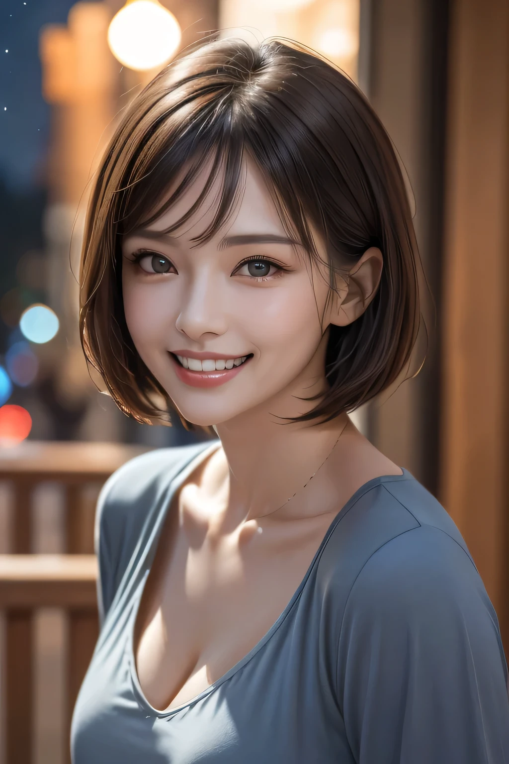 (highest quality, 8k, 32K, masterpiece), (Realistic), (Realistic:1.2), (High resolution), (night:1.7), Japan, cyber punk, 街の景Farbe, In front of the window,Wooden floor, Blue jacket, Grey Shirt, clavicle, jewelry, gem, Brunette Bob, 1 female, 45 years old, (Grin), Beautiful body, beautifulNose, beautifulcharacter design, Perfect Eyes, perfectface, Expressive eyes, View your audience, Center the image, (Cowboy Shot), Official Art, Very detailed CG Unity 8k wallpaper, Perfect lighting,Farbeful, bright_front_face_Lighting,Glowing Skin, (masterpiece:1.0),(Highest_quality:1.0), 超High resolution,4K,Very detailed, photograph, 8k, High resolution, High resolution, absurdes:1.2, Kodak Port 400, Film Grain, Blurred Background, bokeh:1.2, Lens flare, (Vibrant_Farbe:1.2) (beautiful,chest), (beautiful_face:1.5),(narrow_Waist)
