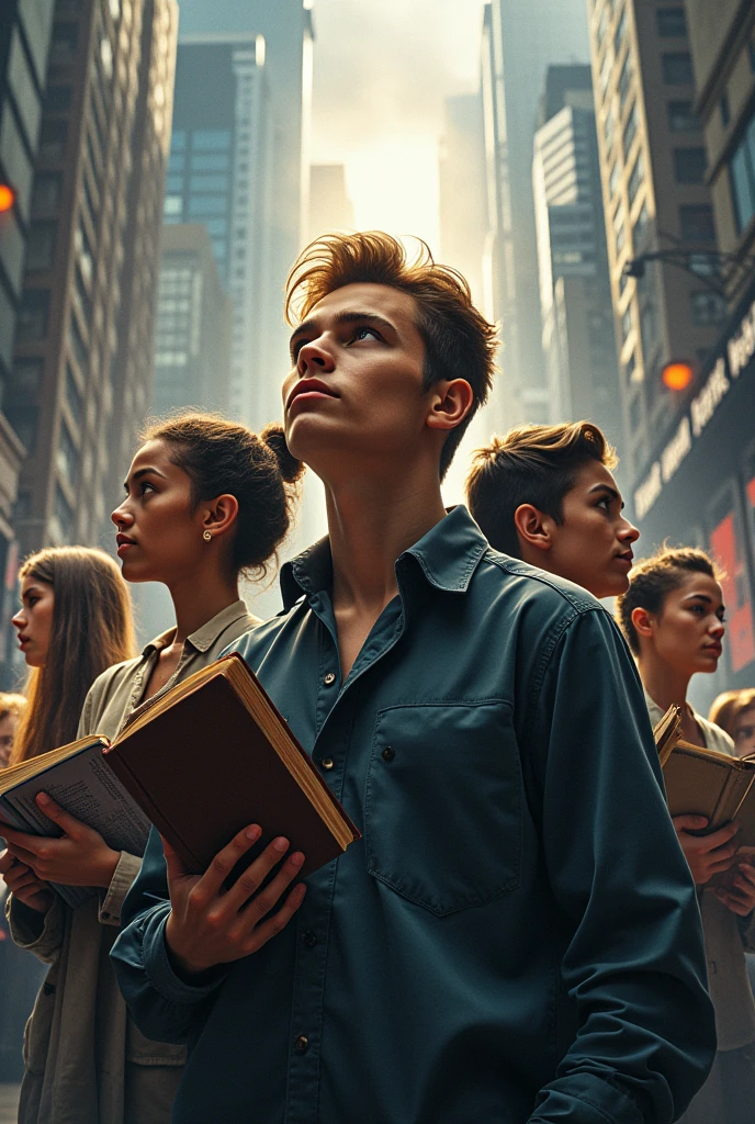 I need to create an image that expresses the importance of philosophy in young people as a tool to confront a world full of violence., social media pressure, Lack of empathy and values that are included in their decision making and having a purpose and the fight to defend their rights and be heard