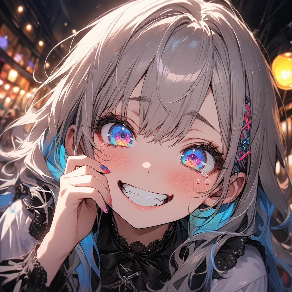 ((masterpiece)), ((Highest quality)), (Super Detail:1.2),(High resolution:1.3), (Professional photography:1.2), (so beautiful:1.2), (Absurd:1.2), (Fisheye Lens), Cinema Lighting, (Sharp focus), (Perfect light), (()), cute young Girl, Fluffy hair, colorful hair, Long Hair, Big eyes, (Long eyelashes), ((Swollen eyes)), colorful eyes, Round eyes, (Mischievous Smile), Open your mouth, Jagged teeth, joy, pop, cute, colorful, (Place your hand on your cheek), (colorful:1.3), Gothic Makeup, ((Ambiguous atmosphere)), (At the cafe terrace in the middle of summer),