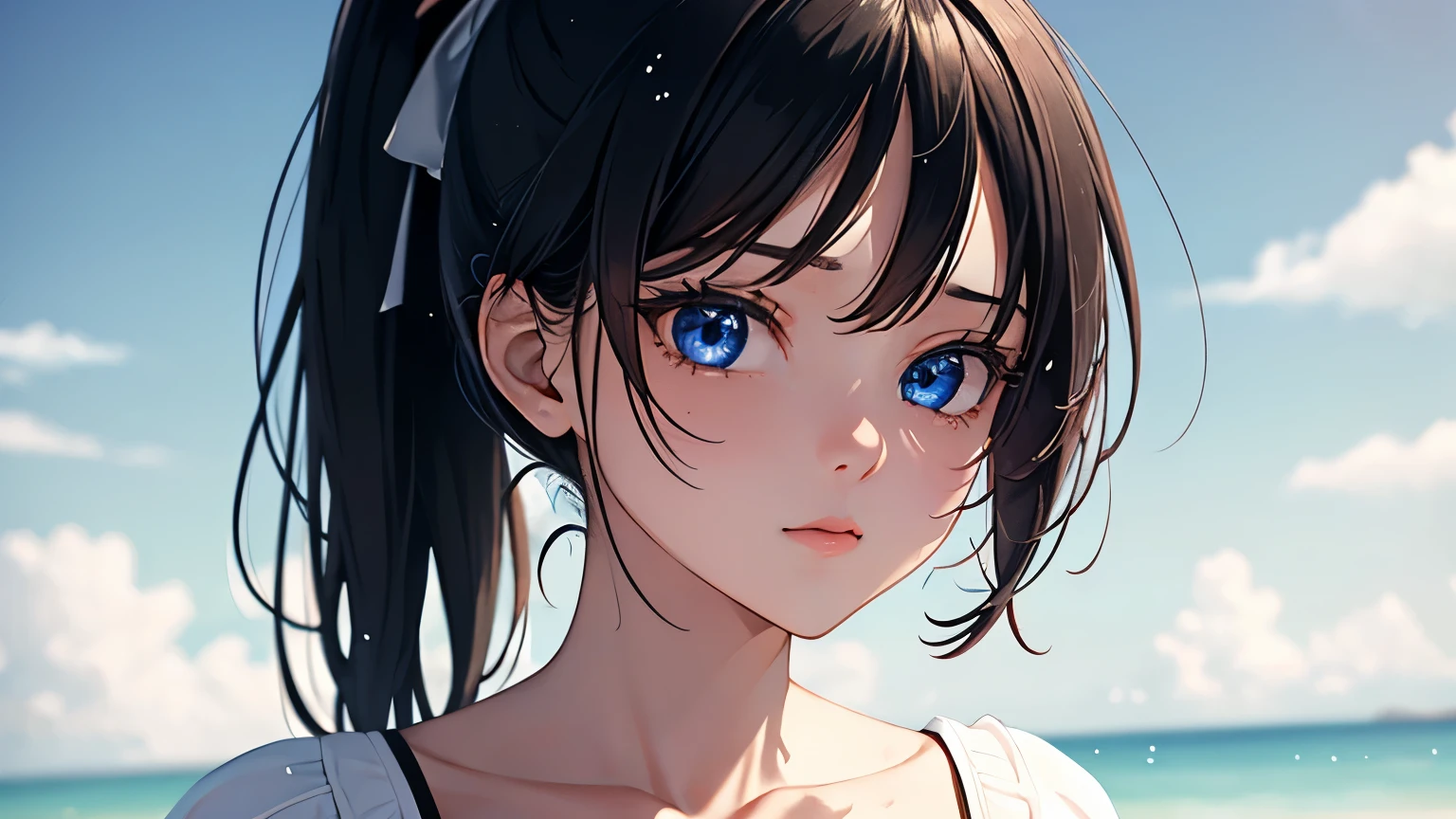 (Excellent: 1.2), (Highest Quality: 1.2), (Very Detailed: 1.2), (A girl looking at the sky, blue eyes, brunette, medium hair, bangs, short ponytail, long sleeves, black miniskirt), (((Very detailed eyes and face))), ), (Upper body, right side of screen), (Summer sky, daytime), (Big breasts, cleavage, 18 years old)