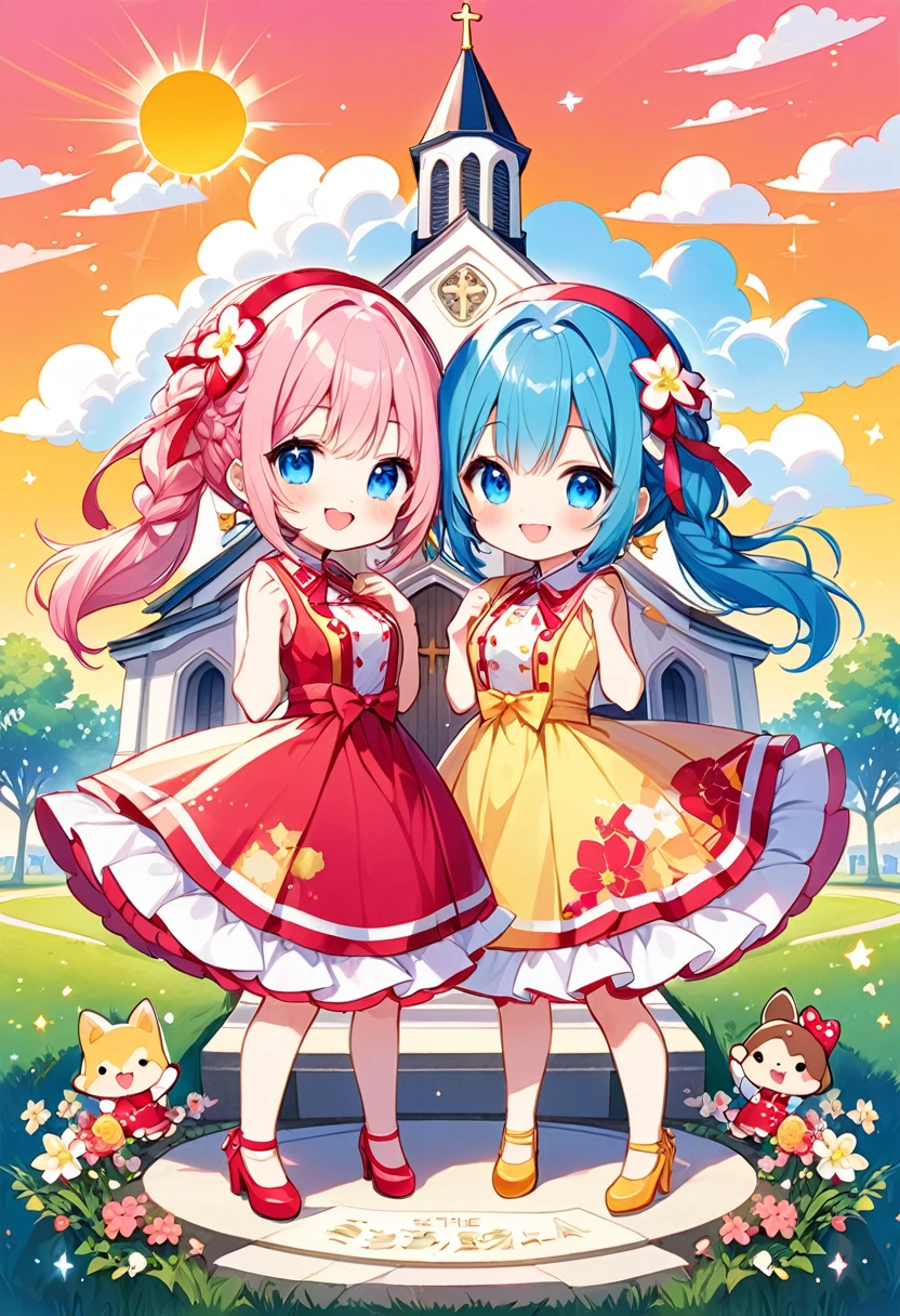 Highest quality、High resolution、Detailed Background、Beautiful face in every detail、Anatomically correct、Detailed facial expressions、fine grain、((full body, looking viewer:1.2)), break　((Chibi Girl:1.5)))、Bright pretty hair color、Big beautiful blue eyes、Fuller lips、Pink Lips、Braided twintails、Ahoge、((Commemorative photo:1.5)、The sisters huddle in the center:1.2)、(Cute sleeveless party dress、Cute heels、Cute hair accessories)、break　((Cheerful pose:1.2、Big smile、They are sisters and get along well.))、((The background is a suburban church、Early spring sun and clouds、SakuraFubuki))
