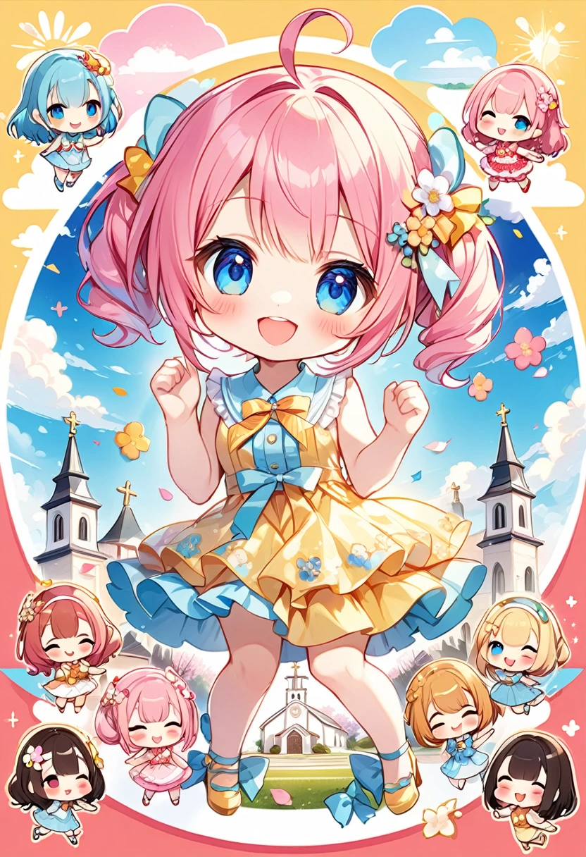 Highest quality、High resolution、Detailed Background、Beautiful face in every detail、Anatomically correct、Detailed facial expressions、fine grain、((full body, looking viewer:1.2)), break　((Chibi Girl:1.5)))、Bright pretty hair color、Big beautiful blue eyes、Fuller lips、Pink Lips、Braided twintails、Ahoge、((Commemorative photo:1.5)、The sisters huddle in the center:1.2)、(Cute sleeveless party dress、Cute heels、Cute hair accessories)、break　((Cheerful pose:1.2、Big smile、They are sisters and get along well.))、((The background is a suburban church、Early spring sun and clouds、SakuraFubuki))