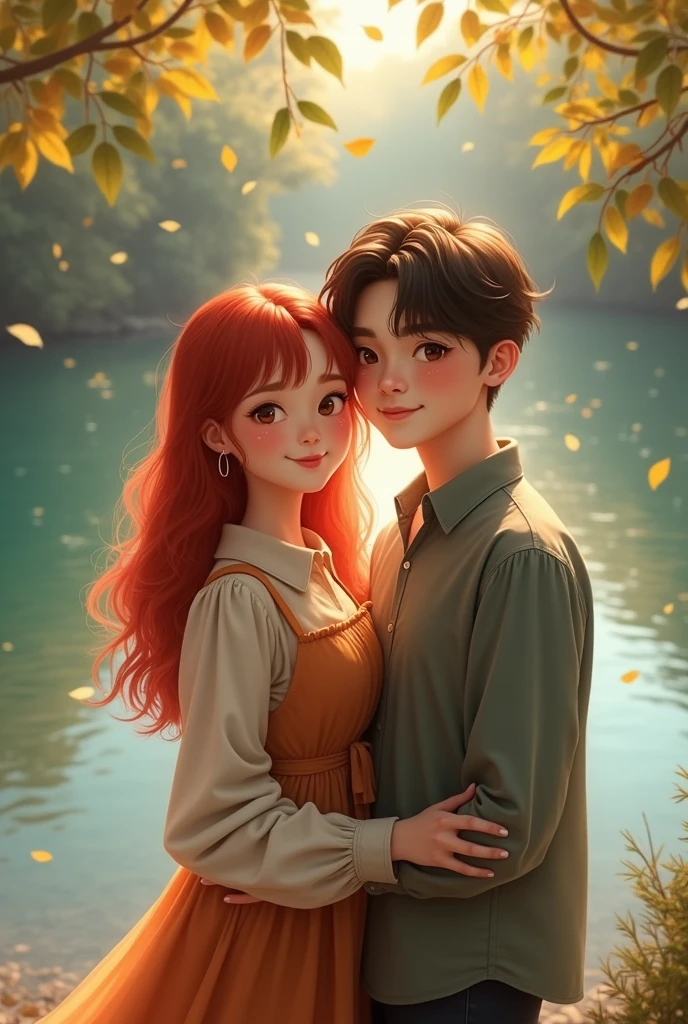 couple posing for a photo in front of a river, The girl has bright red hair and round cheeks, a bit plump. lovely couple, 8 K)), Kim Do-yeon, ๐ฟ๐๐, Jinyoung Shin, ๐ Cute, couple pose, โค๐ฅ๐๐ช, nostalgic 8 K, With a bang, Bae Suzy, โจ๐๐, 4k post, 4k post, Oljan