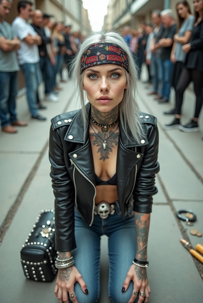 russian old milf woman, grey hair (middle part) and wide colourful bandana as headband, with very light blue eyes, extremely pale. Wearing studded cropped black moto jacket with lots of zippers and pins, black push up bra with white seams , dark skinny blue jeans and pointy silver Chelsea boots with cuban heels . Studded Choker. Lots of metallic bracelets and collars. Tacky wide studded leather belt with oversized skull and bones buckle. Long bohemian earrings. Kneeling like in a payer, looking at the camera, humble facial expression. Hands on her knees, studded black leather tote bag with chains Listening in amazement to somebody speaking to her, toned six pack abdominals, thin neck, slim legs and thin arms. Tattoed heavily. A lot of people around looking at her, next to her, coins and all her belongings on the floor