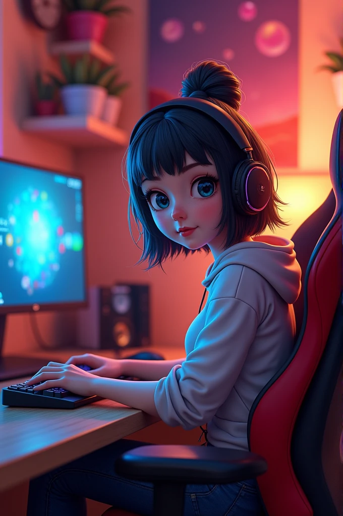 A free fire character and playing games on computer and her room is a gaming room she looks very cute and she is looking at me