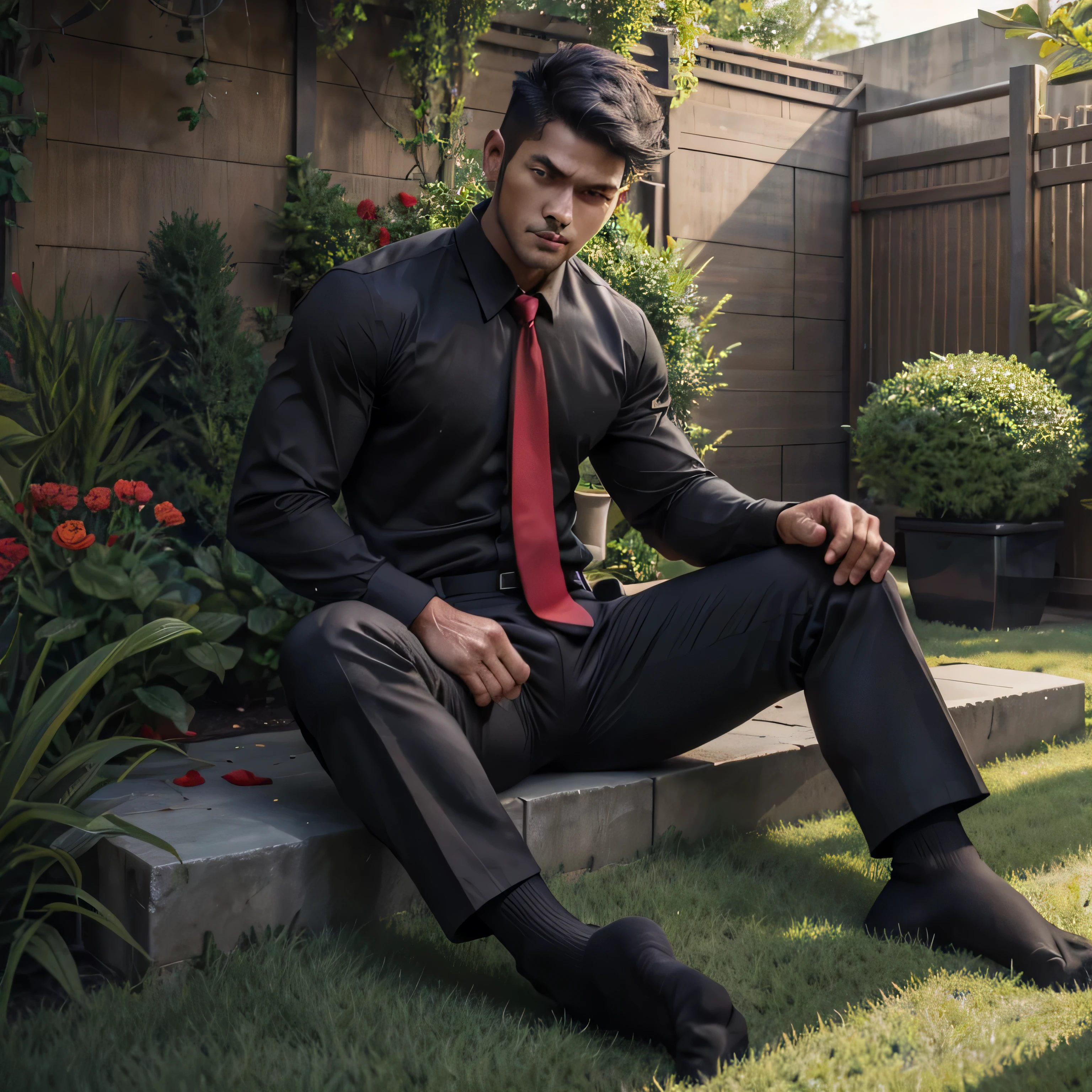 33 years old,One Man,、Handsome。Black Shirt、Red tie、Black slim pants、Dhaka - Fighters、garden。The shade on the lawn、logic,Gay ,Very short hair、 ,Asian Face,、 Handsome Menacing look Black socks Show the soles of your feet