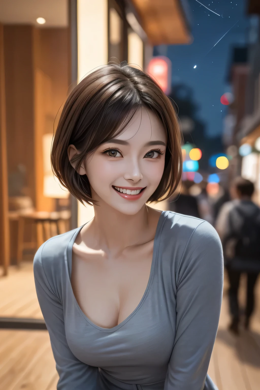 (highest quality, 8k, 32K, masterpiece), (Realistic), (Realistic:1.2), (High resolution), (night:1.7), Japan, cyber punk, 街の景Farbe, In front of the window,Wooden floor, Blue jacket, Grey Shirt, clavicle, jewelry, gem, Brunette Bob, 1 female, 45 years old, (Grin), Beautiful body, beautifulNose, beautifulcharacter design, Perfect Eyes, perfectface, Expressive eyes, View your audience, Center the image, (Cowboy Shot), Official Art, Very detailed CG Unity 8k wallpaper, Perfect lighting,Farbeful, bright_front_face_Lighting,Glowing Skin, (masterpiece:1.0),(Highest_quality:1.0), 超High resolution,4K,Very detailed, photograph, 8k, High resolution, High resolution, absurdes:1.2, Kodak Port 400, Film Grain, Blurred Background, bokeh:1.2, Lens flare, (Vibrant_Farbe:1.2) (beautiful,chest), (beautiful_face:1.5),(narrow_Waist)