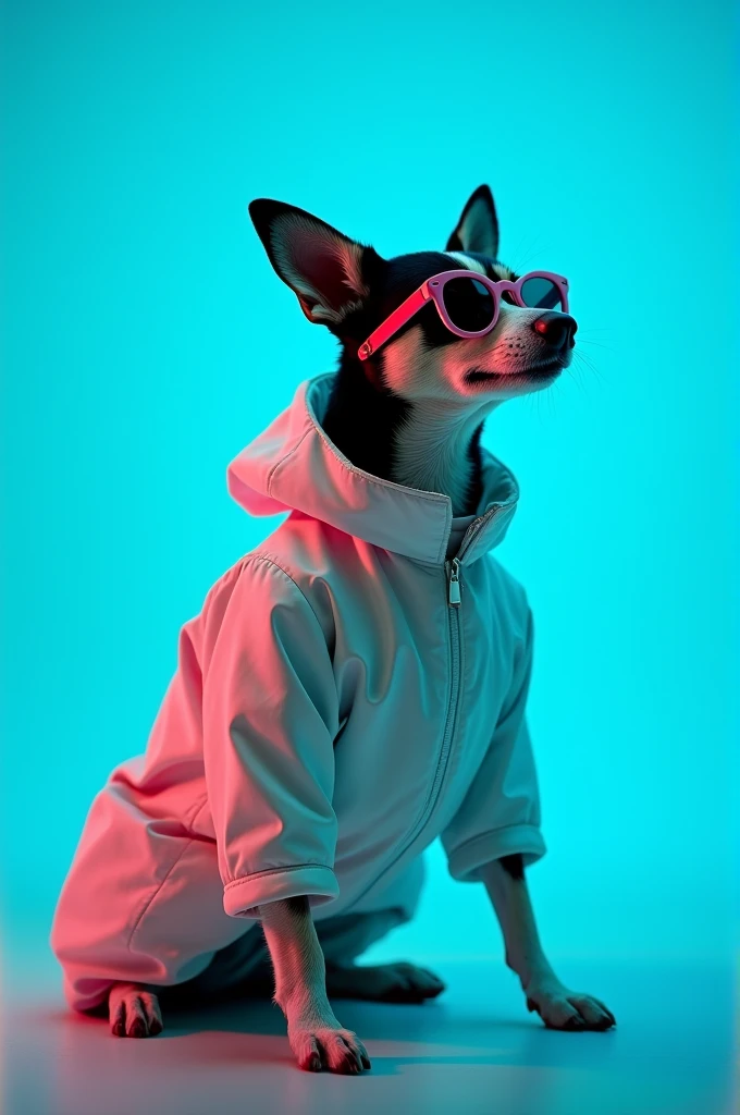 The best cell phone wallpaper, Award-Winning Wallpaper, portrait photography, In the front view is a portrait of a cute dog wearing mid-1960s space age fashion, Side view photo, Shot with Canon EOS R5, Set a strong contrast that accentuates the subject, Fluorescent blue tone, Wearing a very modern coat and sunglasses is a modern 1960s style, Clothes all in one color, beautiful background
