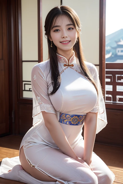 (show pussy:0.2), (dark pubic hair:1.3), NSFW, SFW, Beautiful Malay chubby young woman, 23 years old,（ultra best quality、in 8K、masuter piece、delicate illustration、full body Esbian)、(It's big with a sexy plump body)、(wearing Traditional Cheongsam:1.4), highheels, wavy hair tied, detail face, glossy red lips,, perfect eyes, beautiful make-up, natural tits, voluptuous smile, sexy tall body, kneeling provoke pose, open tighhs, no underwear,, perfect lightning, inside the church, view from bellow