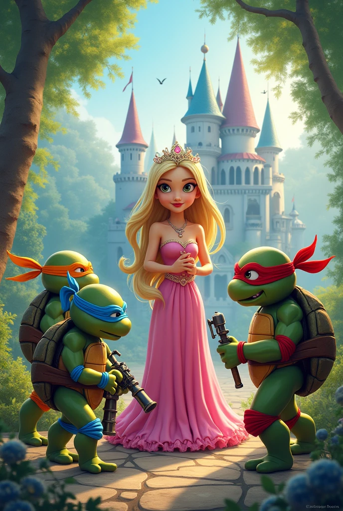 A drawing of the baby ninja turtles and Disney's Sleeping Beauty together